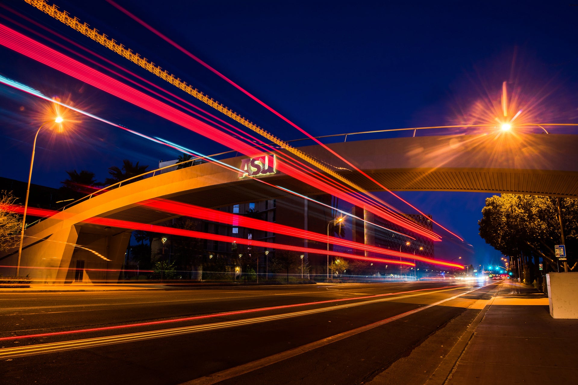 Image of the ASU pedestrian bridge at night