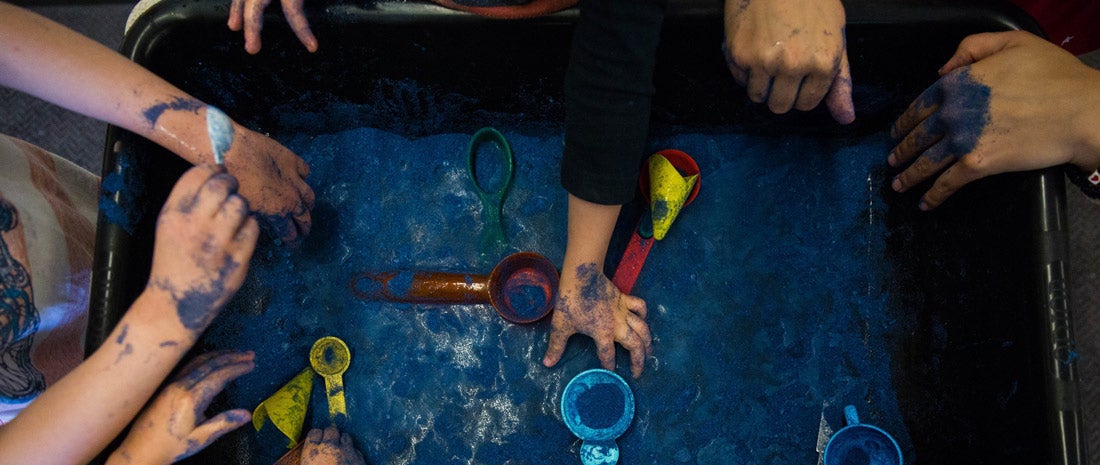 Image of hands reaching in to a bucket with paint and supplies