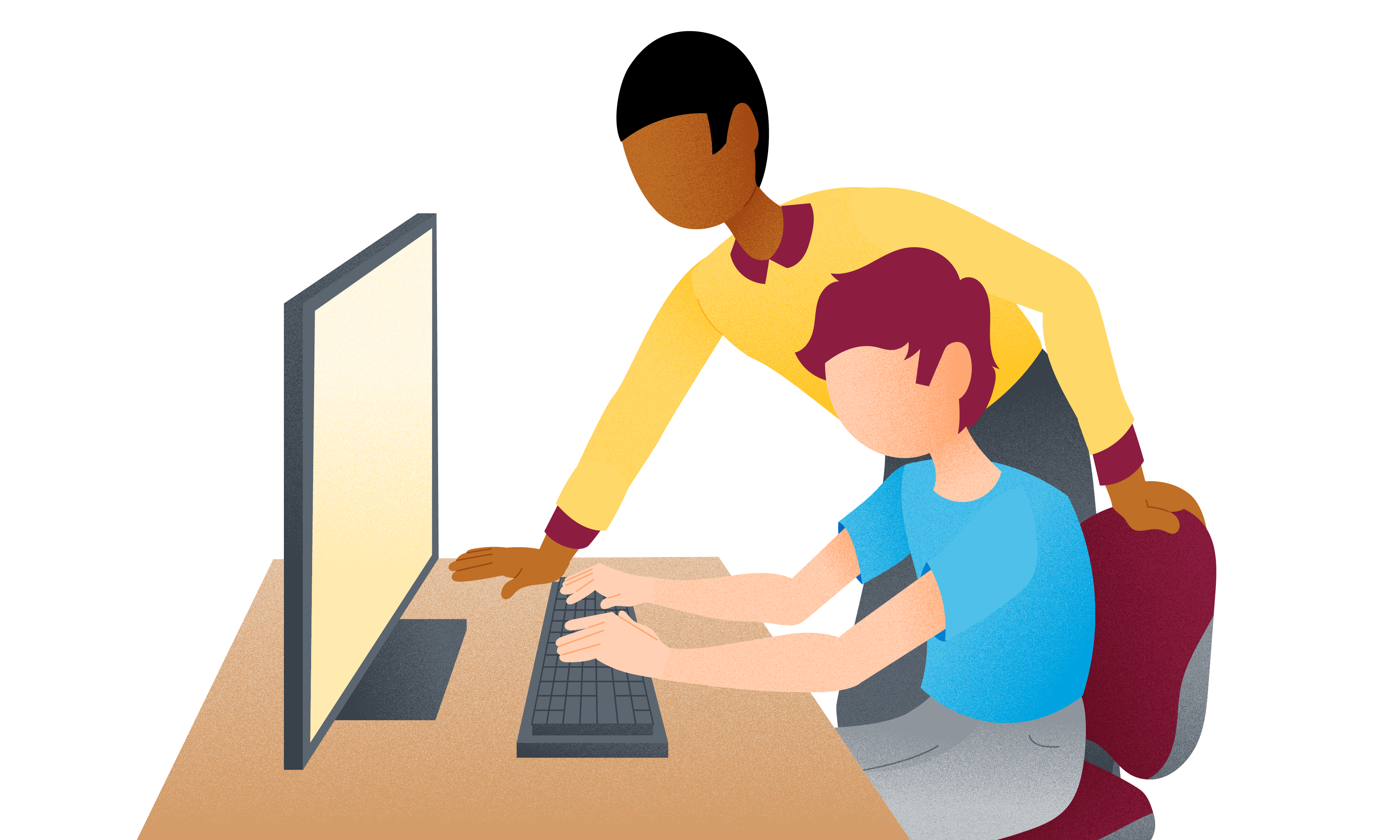 adult helping child with computer