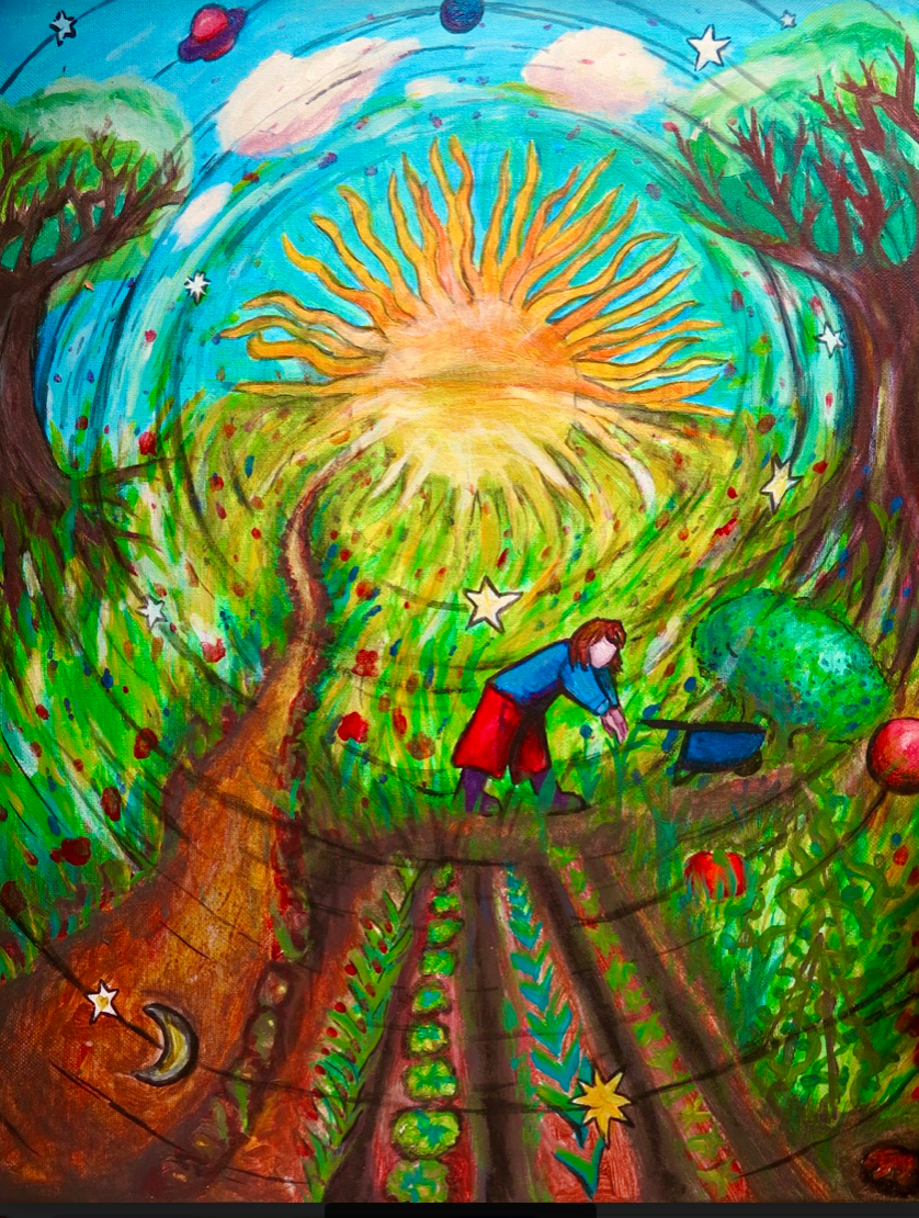 Image of a painting depicting a farmer working fields beneath the sun