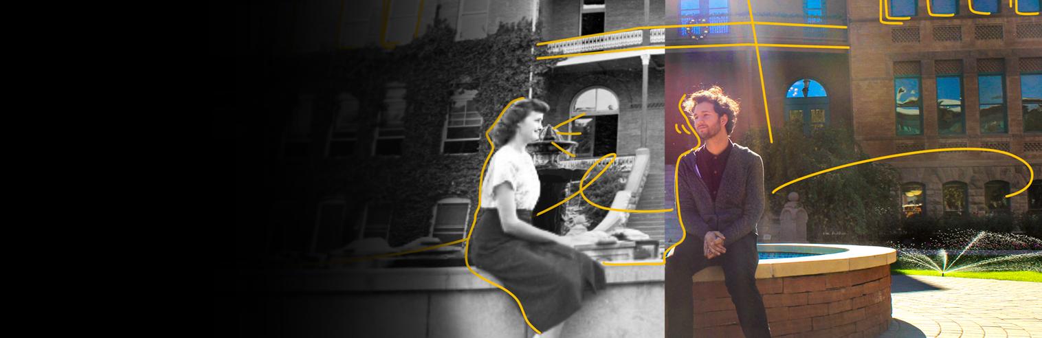 Image splice of an old black and white photo of Old Main building in to a new color photo of the same building