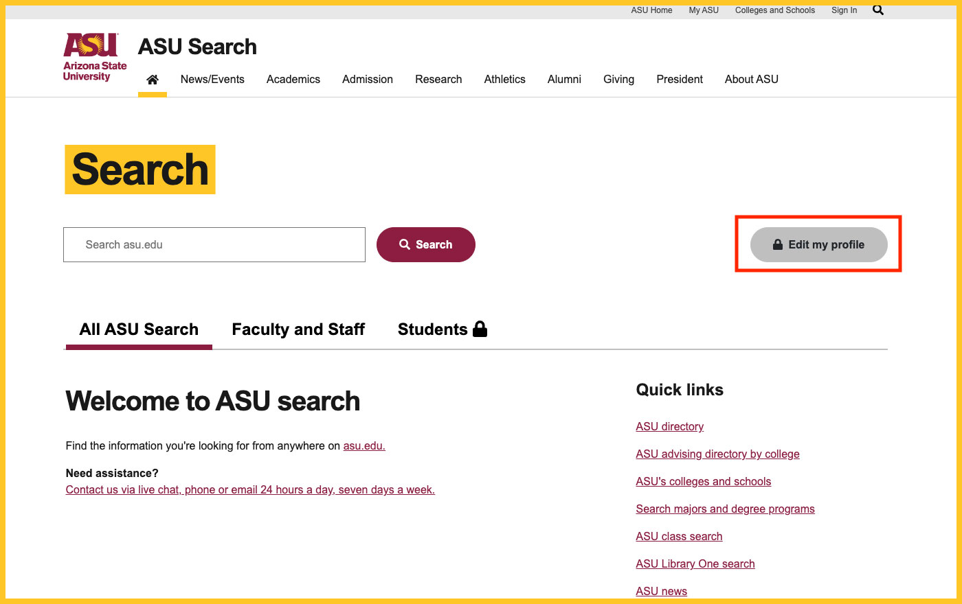 screenshot of ASU search