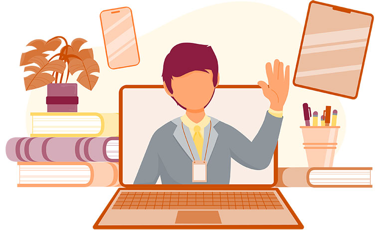 cartoon-like student popping out of laptop screen