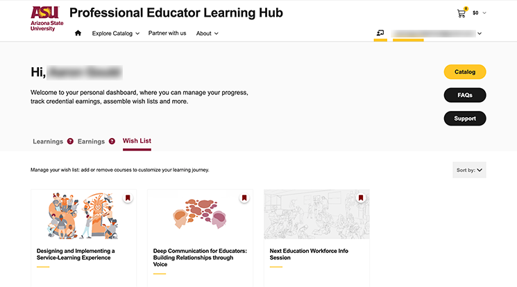 Professional Educator Learning Hub dashboard